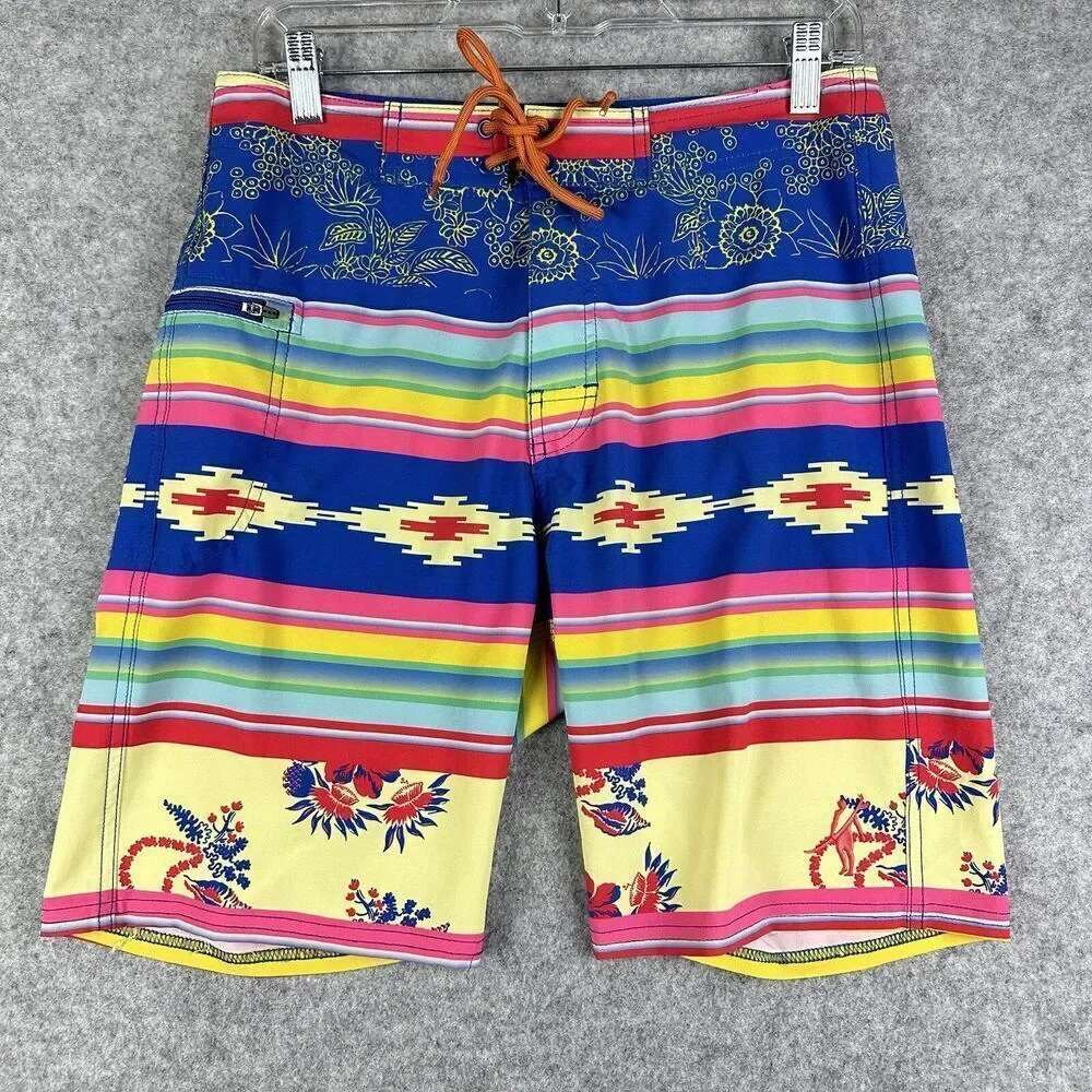 Toes On The Nose Board Shorts Mens 30 Floral Aztec Stripe Beach USA Made FLAWS*